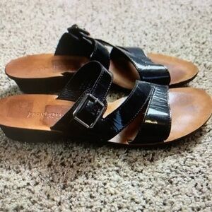Paul Green Wedge Sandal Size 5.5 Black Patent Leather Slip On Slide